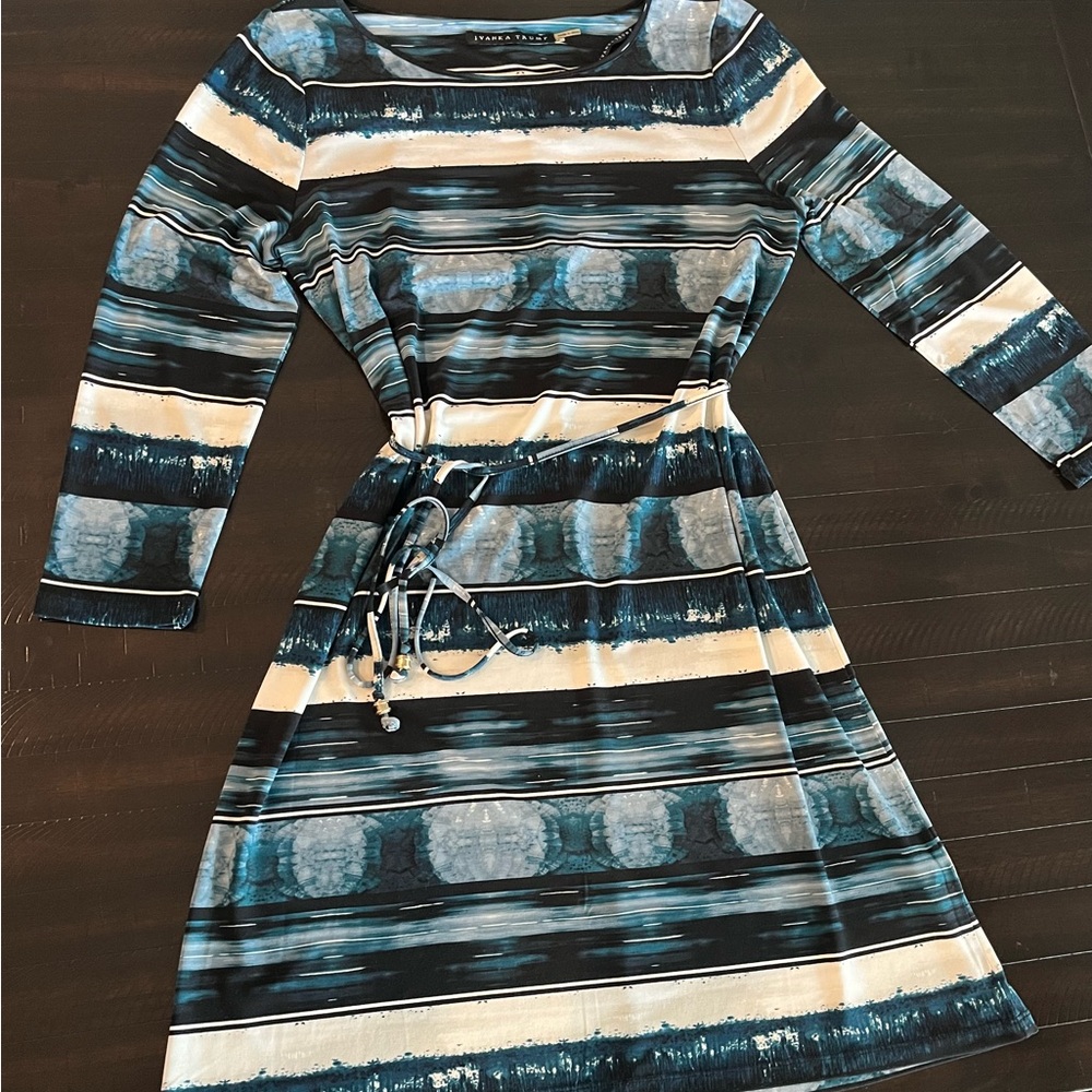 Ivanka Trump Blue, Black & White Striped Belted Long Sleeve Dress